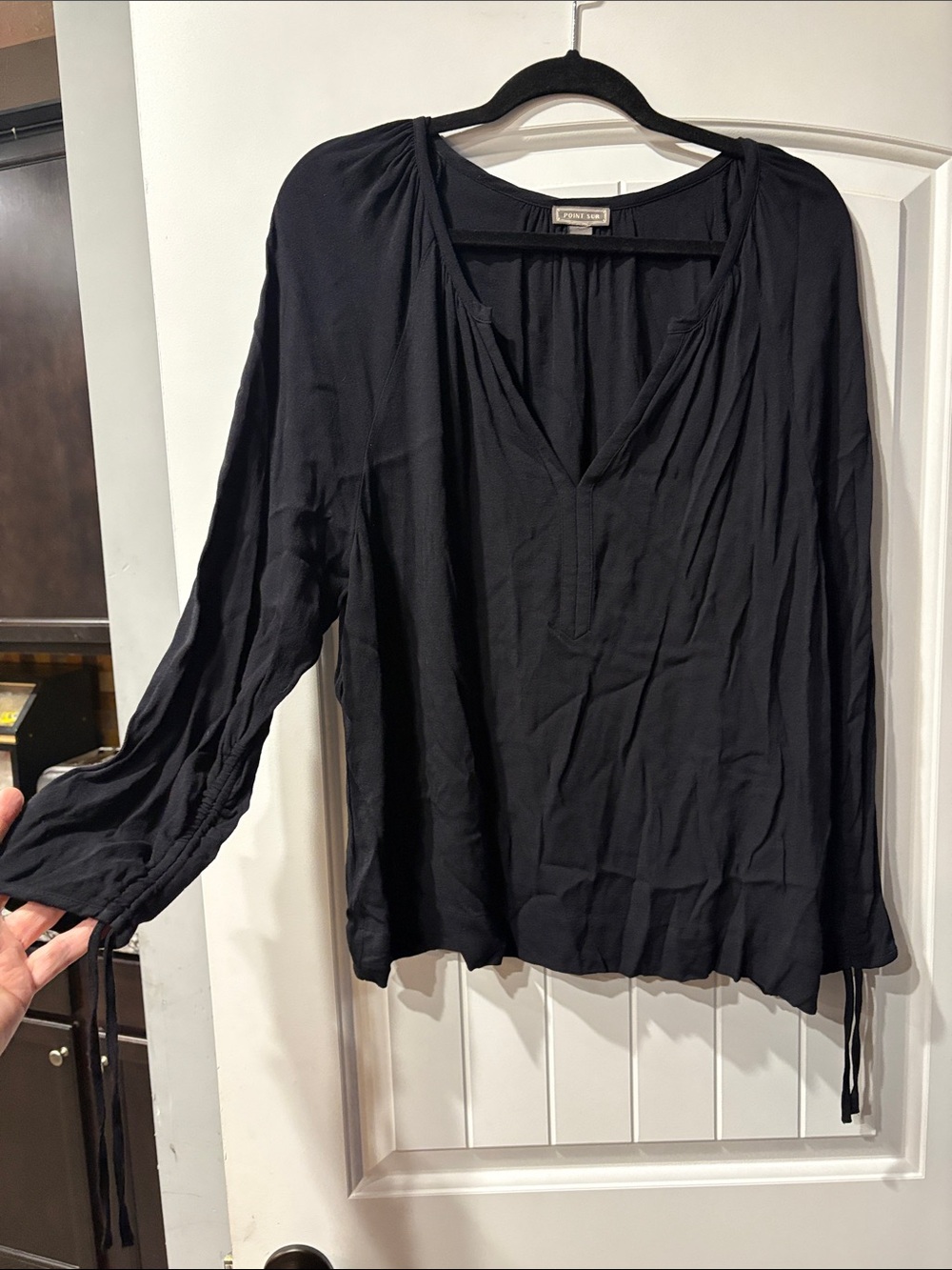 Point Sur Black V-Neck Lightweight Peasant Blouse